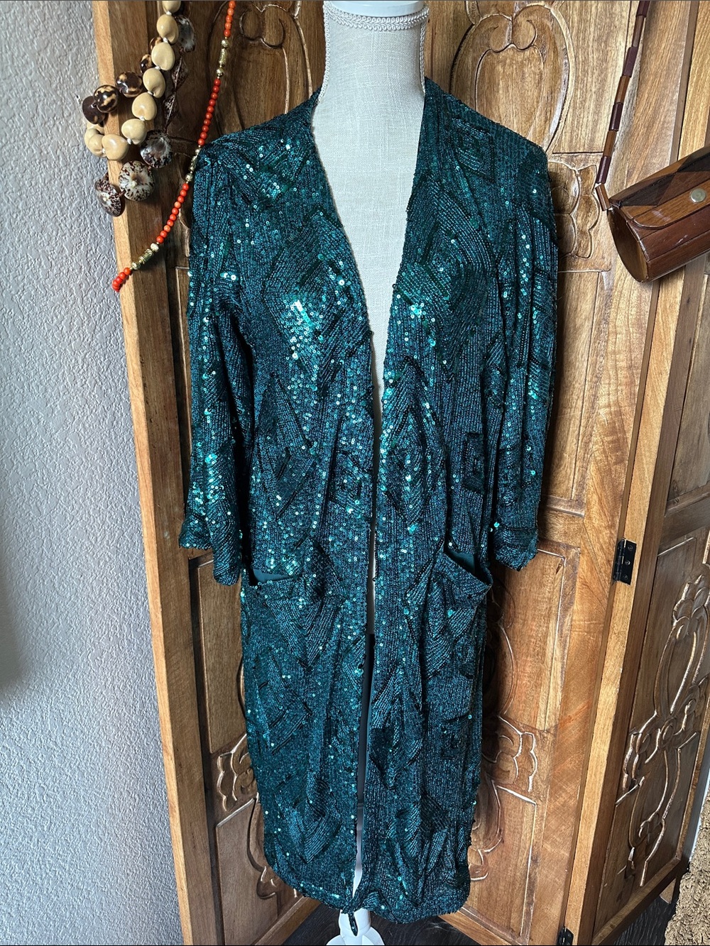 Skies Are Blue hunter green sequin duster.